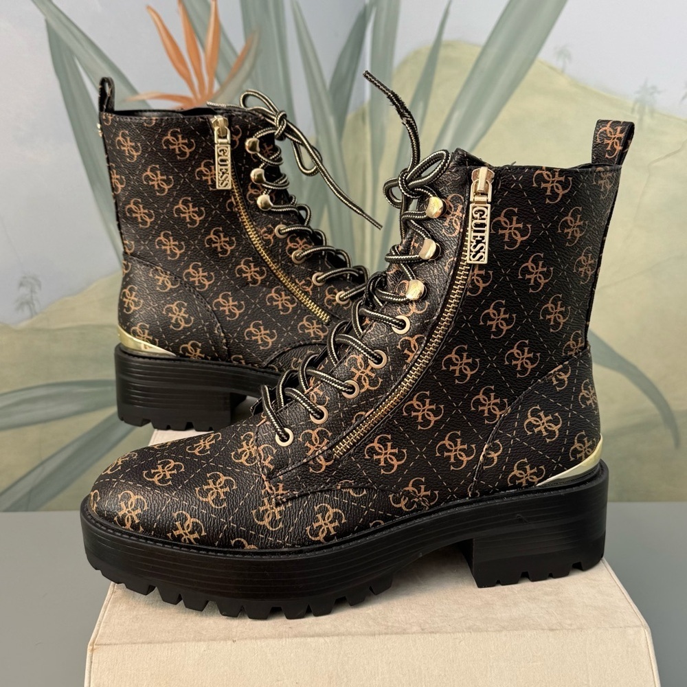 GUESS Women's Fearne Combat boots Brown and Gold Logo , Size 11M, NWOT